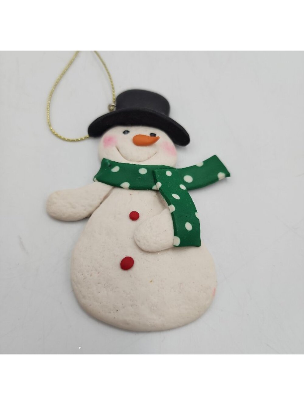 Vintage Handmade Clay Snowman Flat Christmas Tree Ornament 3.5"